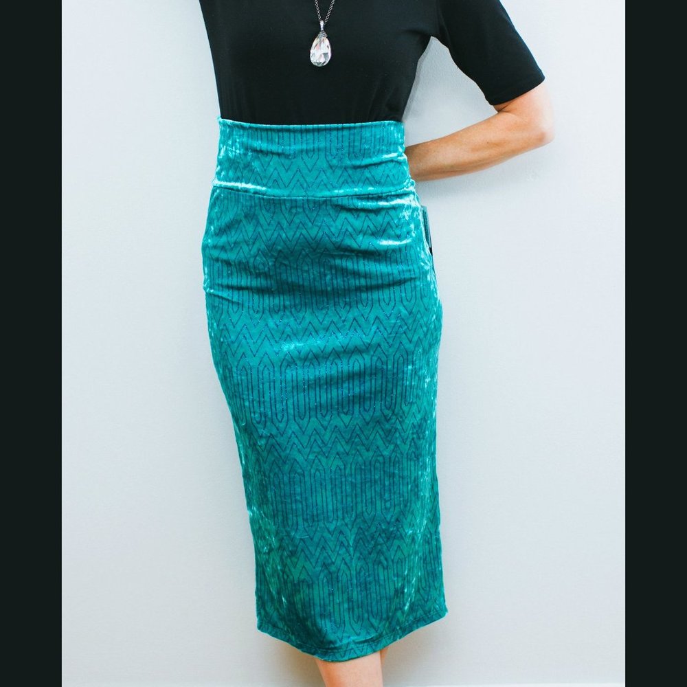 Turquoise Velvet Glitter Pencil Skirt